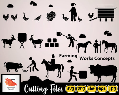 Farming Svg Works Concepts Illustration With Various Silhouette Styles Farm Svg - LoveMyCuttables.com