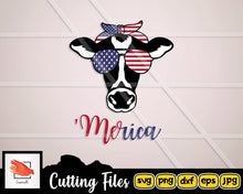 Load image into Gallery viewer, Cow with bandana Merica svg file silhouette Patriotic svg files Cow clipart American flag design 4th of july Vector Heifer PNG Farm tshirt - LoveMyCuttables.com
