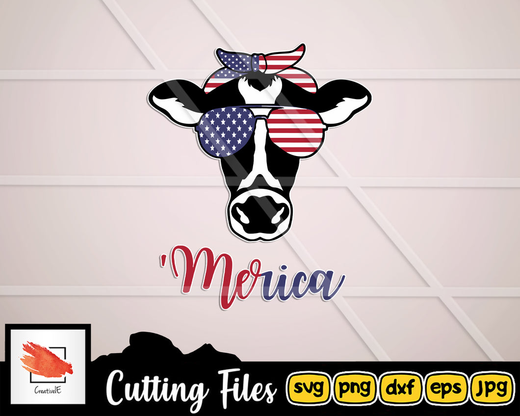 Cow with bandana Merica svg file silhouette Patriotic svg files Cow clipart American flag design 4th of july Vector Heifer PNG Farm tshirt - LoveMyCuttables.com